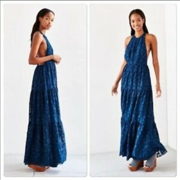 Urban Outfitters Kimchi Blue Julianna Tiered Maxi Dress XS T Back Blue Jacquard - Picture 12 of 15